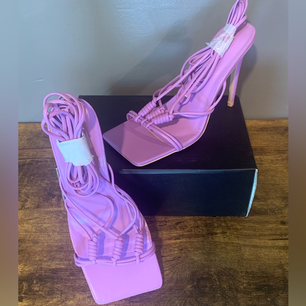 PrettyLittleThing Purple Square Toe Triple Rope Lace Up Heels, Size 9.